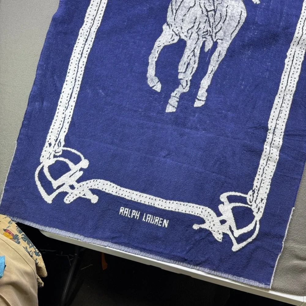 Vintage Ralph Lauren Polo Player Beach Towel Unisex 69x36 Navy Blue Cotton